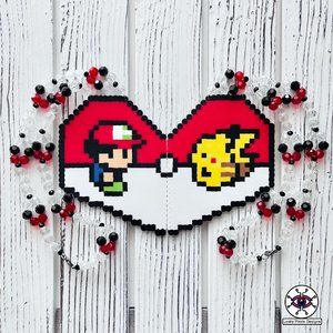 Ash and Pikachu Heart Perler Necklace
